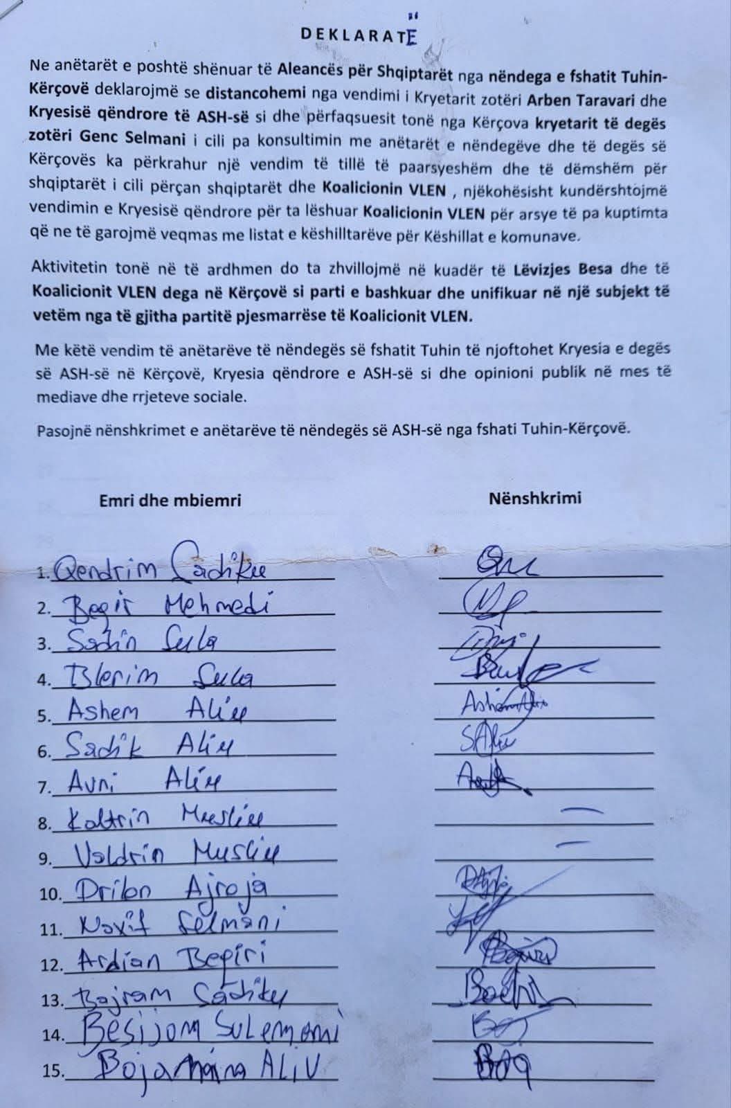Përçarje në ASH në e Kërçovës  Nëndega e Tuhinit distancohet nga vendimi për të dalë nga koalicioni VLEN