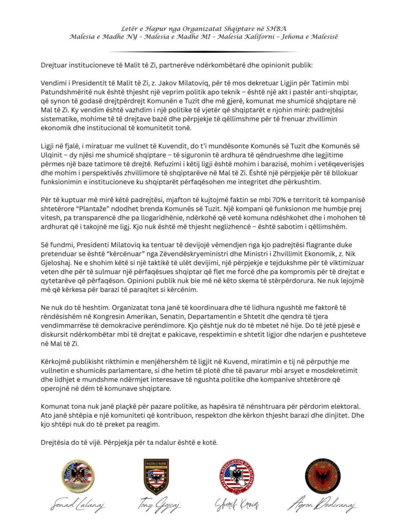 Ne nuk heshtim  thonë katër organizat e Malësisë në Shba ndaj vendimit diskriminues të presidentit Milatoviq