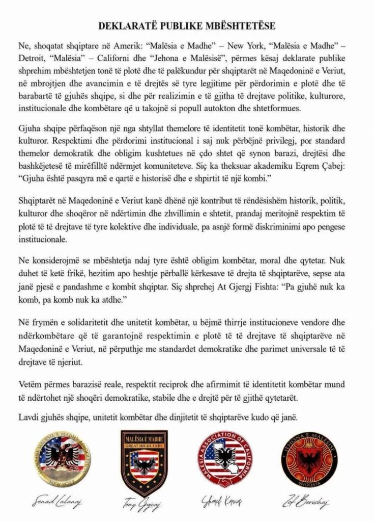 Shoqatat shqiptare në SHBA  zë i fortë për shqiptarët në Maqedoninë e Veriut   Të drejta të plota pa diskriminim 